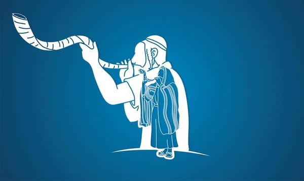 トランペットの饗宴 Jewish People Blowing Shofar Horn Cartoon Graphic Vector — ストックベクタ