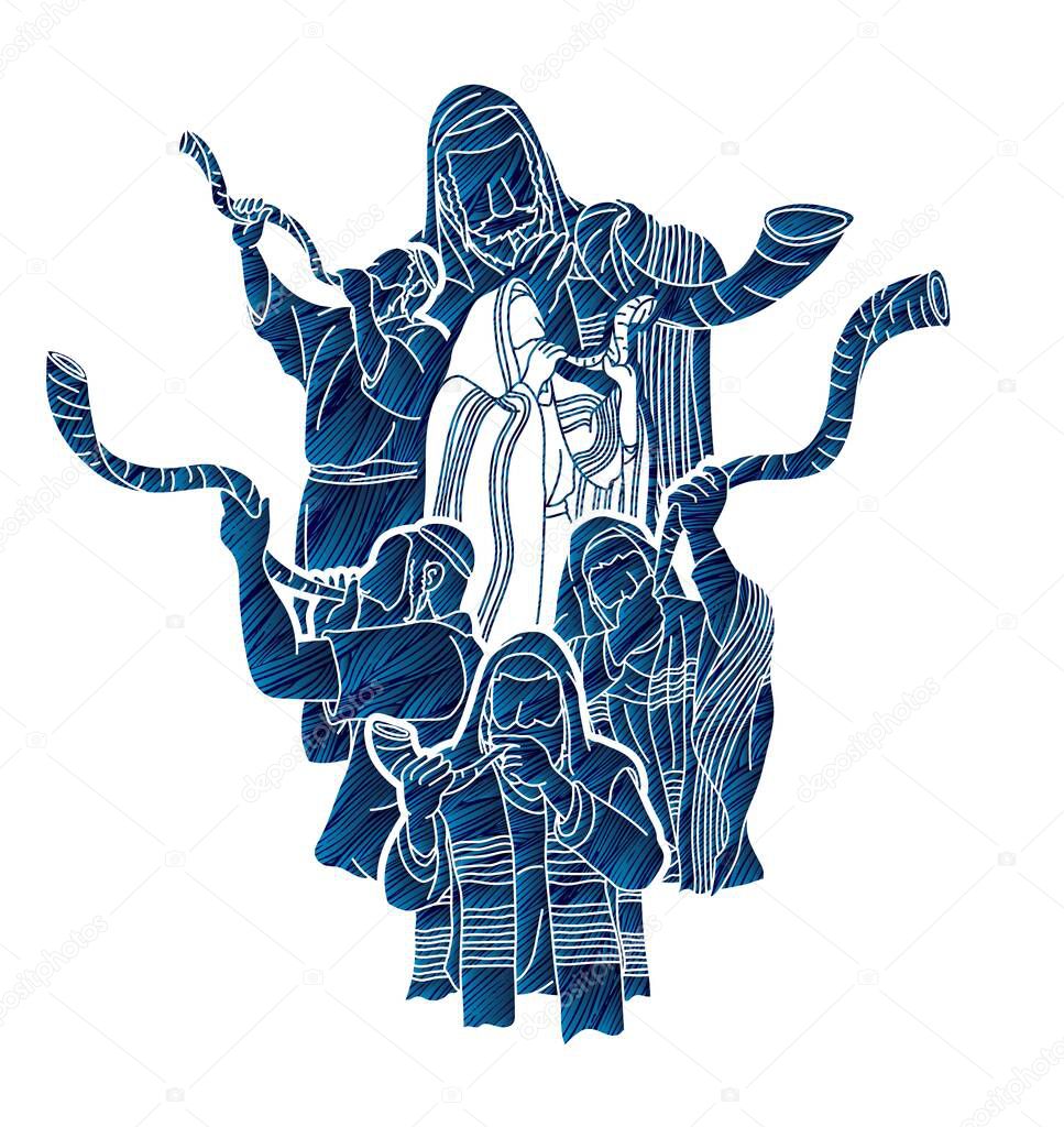 Feast of trumpets.Group of Jewish people blowing the shofar horn cartoon graphic vector