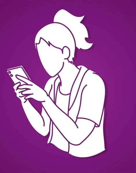 Žena Píše Text Žena Pomocí Smartphone Karikatura Grafický Vektor — Stockový vektor