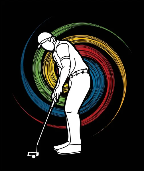 Muž Houpání Golf Hráči Akce Karikatura Grafický Vektor — Stockový vektor