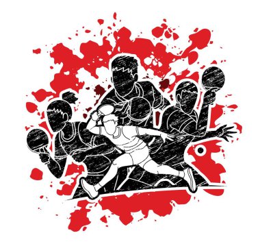 Masa tenisi oyuncuları grubu, masa tenisi oyuncuları aksiyon çizgi film sporu grafik vektörü.
