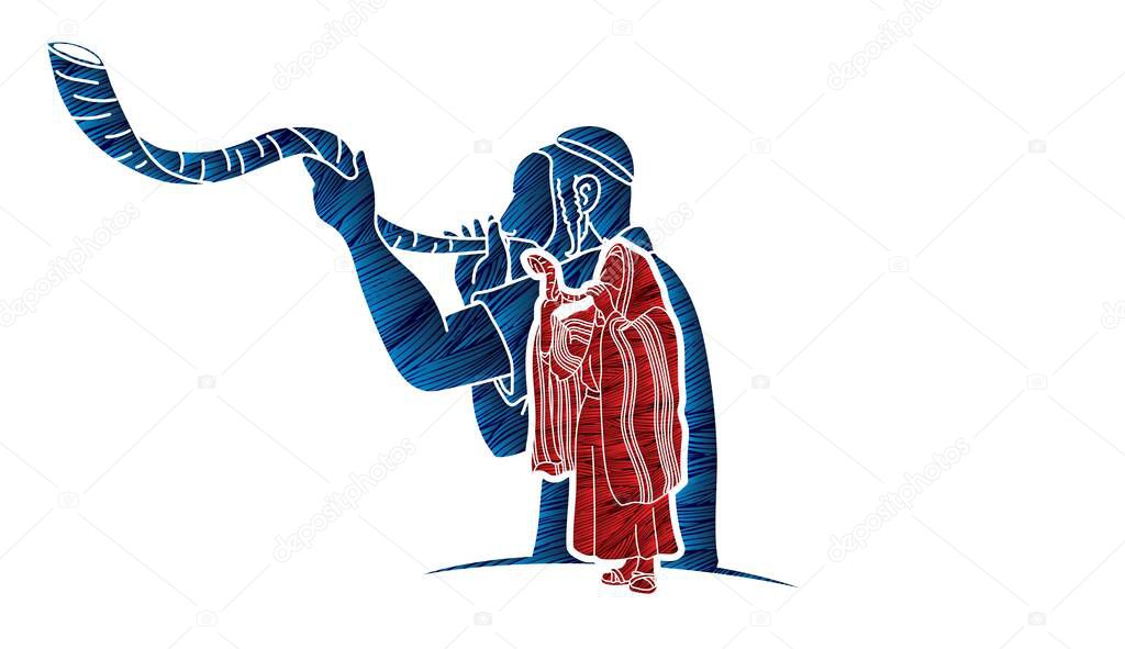 Feast of trumpets. Group of Jewish people blowing the shofar horn cartoon graphic vector