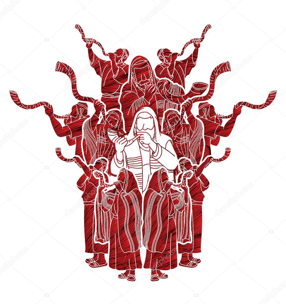 Feast of trumpets. Group of Jewish people blowing the shofar horn cartoon graphic vector
