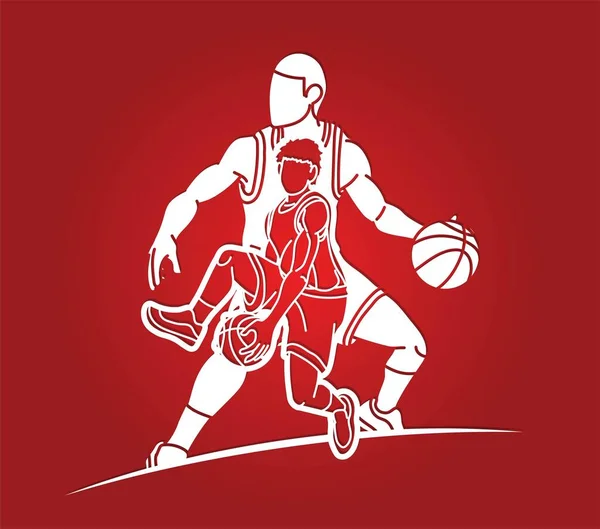 Grupo Jugadores Baloncesto Acción Dibujos Animados Vector Gráfico Deporte — Vector de stock