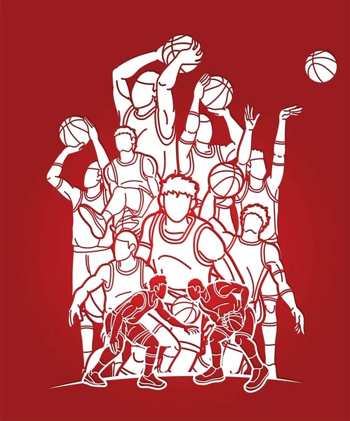 Groupe Joueurs Basket Ball Action Dessin Animé Sport Vecteur Graphique — Image vectorielle