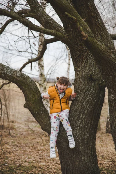 Sevimli kız eğleniyor ağacı üzerinde erken bahar 