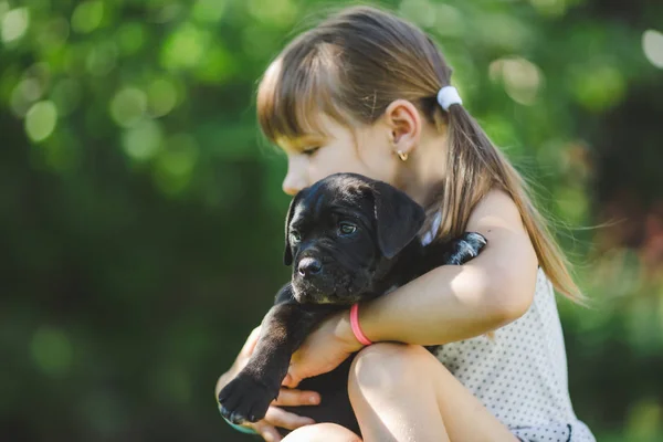 Schattig Klein Meisje Met Puppy Buiten Spelen — Stockfoto