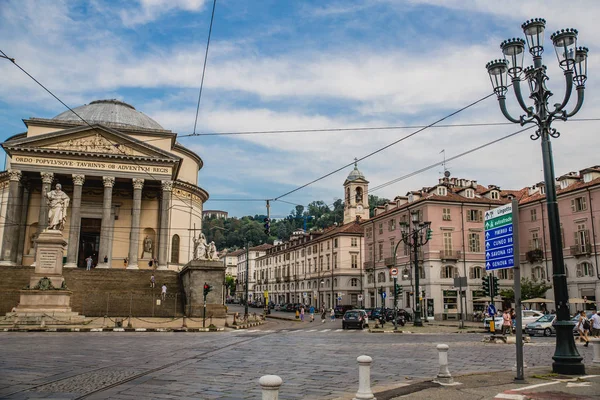 Zobacz Gran Madre Plac Kościołem Posąg Vittorio Emanuele Mieście Turyn — Zdjęcie stockowe