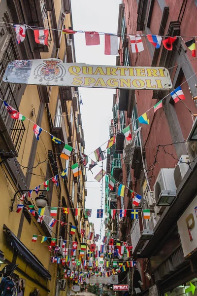 Narrow Street Decorated Flags Naples Italy — Stock Photo, Image