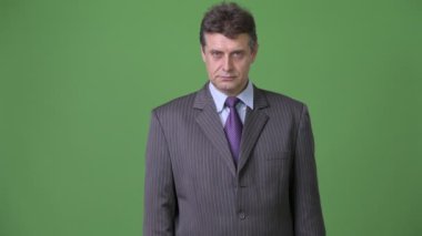 Olgun yakışıklı işadamı yeşil bir arka plana dayanır