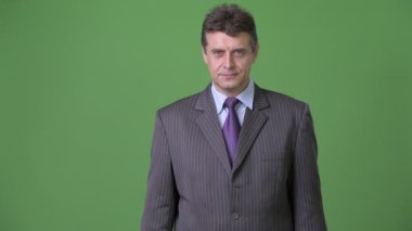 Olgun yakışıklı işadamı yeşil bir arka plana dayanır