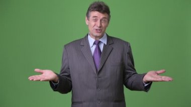 Olgun yakışıklı işadamı yeşil bir arka plana dayanır