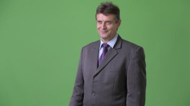 Olgun yakışıklı işadamı yeşil bir arka plana dayanır
