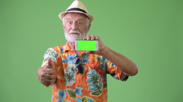 Beau touriste barbu homme prêt pour les vacances sur fond vert — Video
