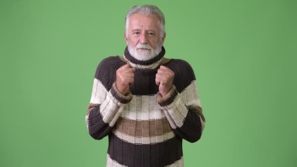 Bel homme barbu senior portant des vêtements chauds sur fond vert — Video