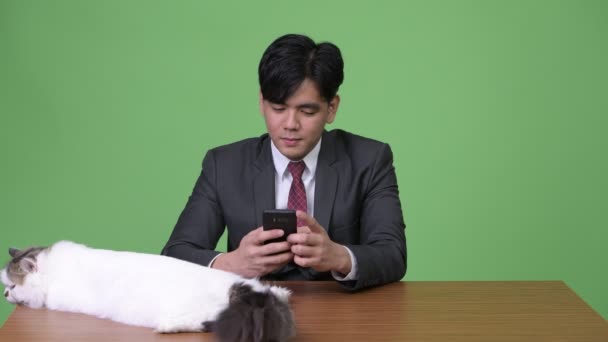 Giovane bell'uomo d'affari asiatico con gatto persiano contro sfondo verde — Video Stock