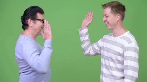 Senior gutaussehender Mann und junger gutaussehender Mann tun High-Five zusammen — Stockvideo