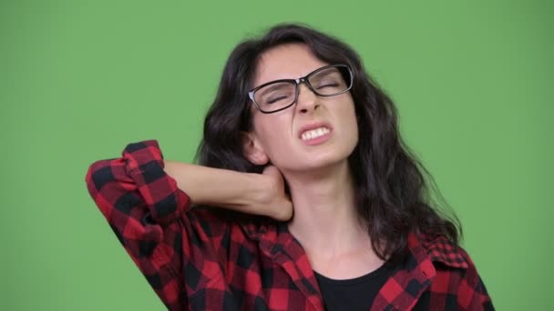 Young beautiful businesswoman having neck pain — Stock Video