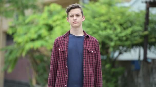 Fiatal boldog szép tizenéves fiú karokkal átlépte a szabadban — Stock videók