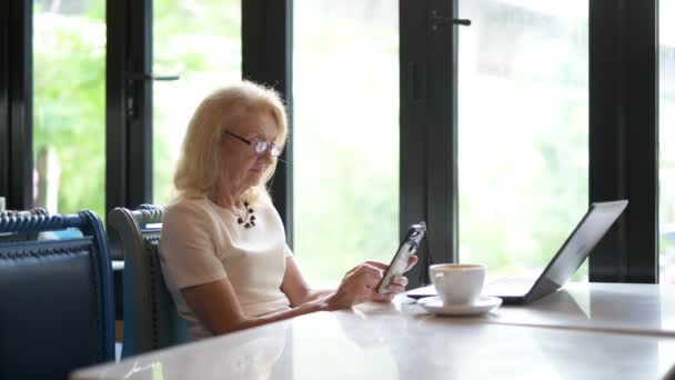 O femeie în vârstă fericită care utilizează telefonul mobil și laptopul — Videoclip de stoc
