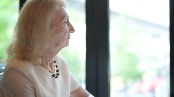 Senior Elderly Woman Looking Through Window — Stock Video