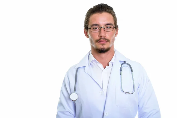 Κοντινό πλάνο του γιατρού όμορφος νεαρός με γυαλιά που απομονώνονται ένα — Φωτογραφία Αρχείου