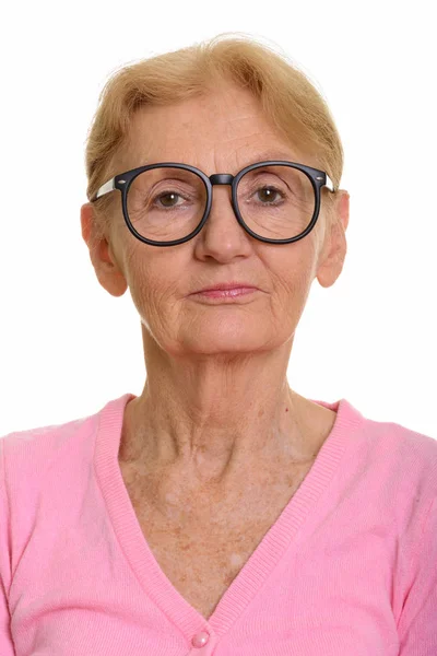 Face of senior nerd woman wearing geeky eyeglasses — Stock Photo, Image