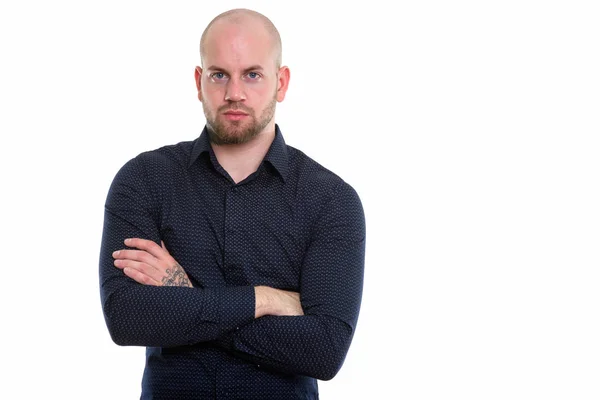 Estúdio tiro de jovem homem de negócios muscular careca — Fotografia de Stock