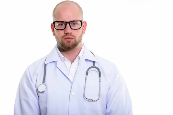 Estúdio tiro de jovem careca homem muscular médico — Fotografia de Stock