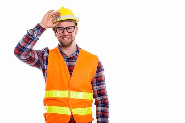 Young bald muscular man construction worker — Stock Photo, Image