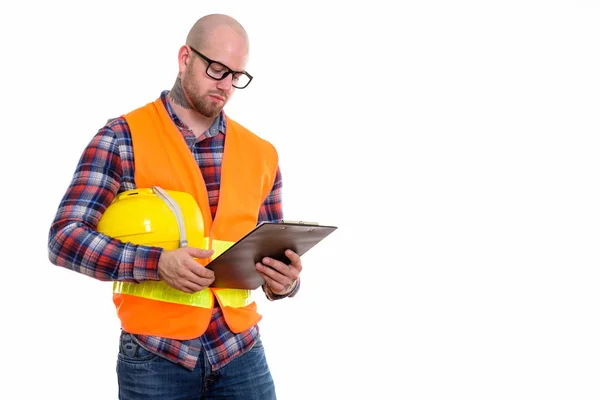 Young bald muscular man construction worker — Stock Photo, Image