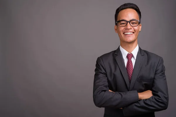 Studio Shot Young Handsome Indian Businessman Wearing Suit Eyeglasses Gray — Stock Photo, Image