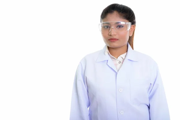 Studio shot of young fat Persian woman doctor wearing protective — Stock Photo, Image