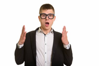 Genç işadamı şok seyir stüdyo çekim