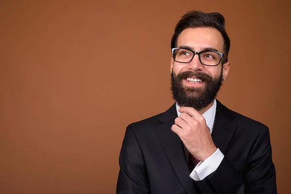 Studio Shot Young Handsome Bearded Persian Businessman Wearing Eyeglasses Brown — Stock Photo, Image