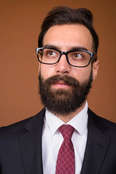 Studio Shot Young Handsome Bearded Persian Businessman Wearing Eyeglasses Brown — Stock Photo, Image