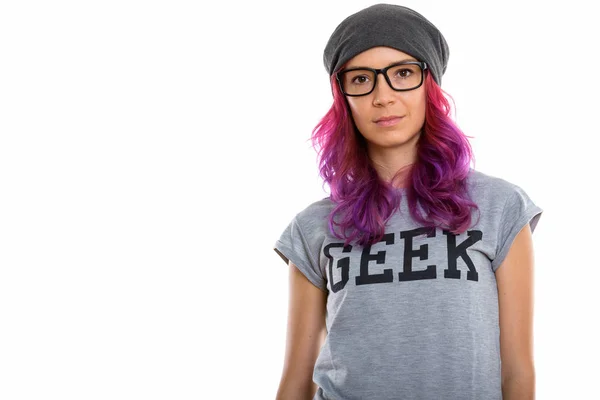 Studio záběr geek dívka, která nosí brýle — Stock fotografie