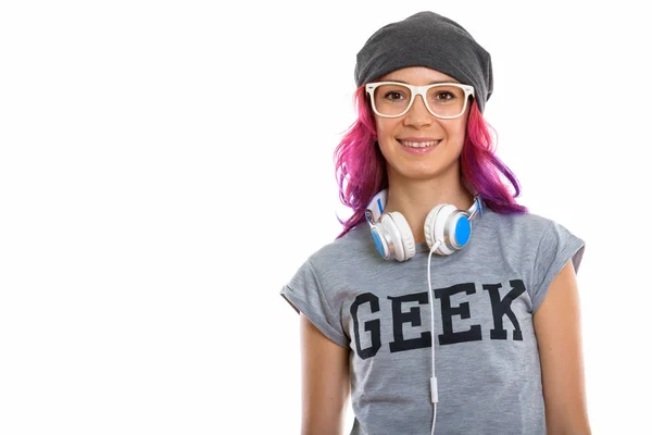 Estudio de tiro de chica geek feliz sonriendo y con gafas wi —  Fotos de Stock