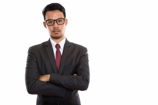 Estúdio tiro de jovem empresário asiático vestindo óculos com um — Fotografia de Stock
