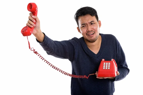 Stüdyo çekim Asyalı gencin eski holding telefon arıyorum ups — Stok fotoğraf