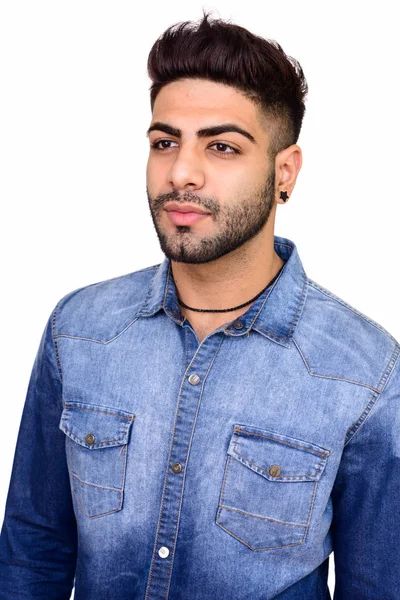 Studio shot of young handsome Indian man isolated against white — Stock Photo, Image