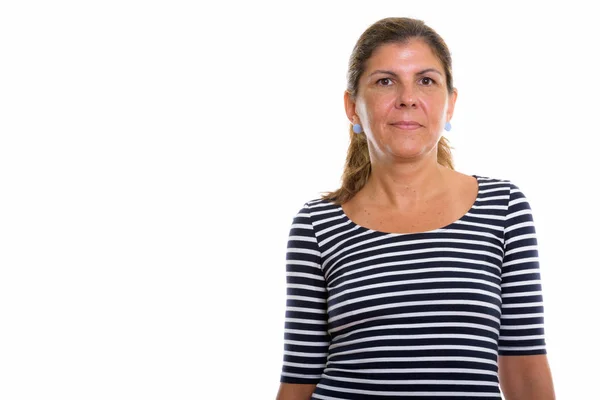 Studio shot of mature beautiful woman wearing stripped shirt — Stock Photo, Image