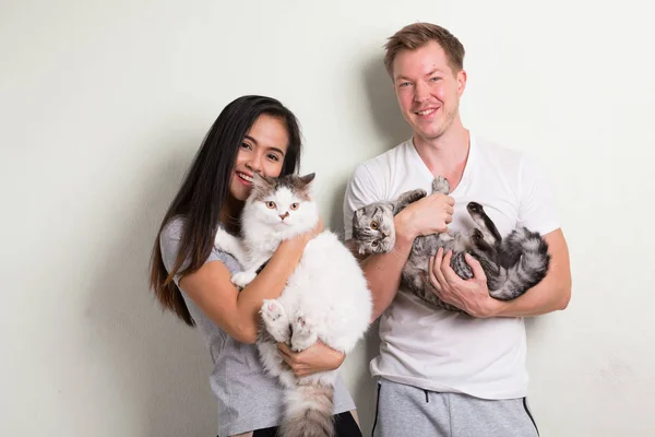 Молода щаслива багатоетнічна пара тримає двох котів разом на білому тлі — стокове фото