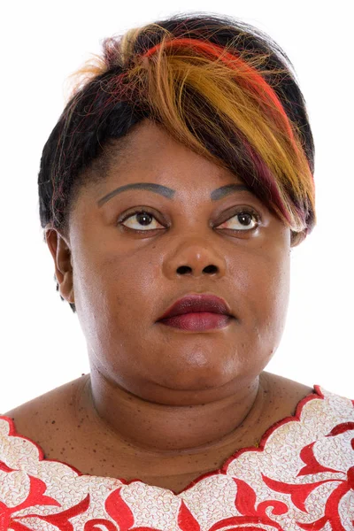 Tvář tlustá černá Afričanka myšlení při vyhledávání — Stock fotografie