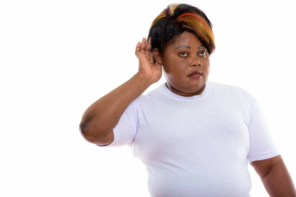 Studio colpo di grasso nero africano donna ascolto pronto per la palestra — Foto Stock