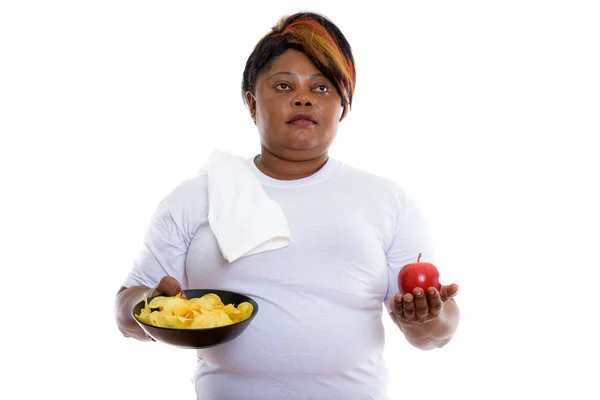 Strzał studio tłuszczu Czarny Kobieta Afrykańska myśli trzymając bo — Zdjęcie stockowe