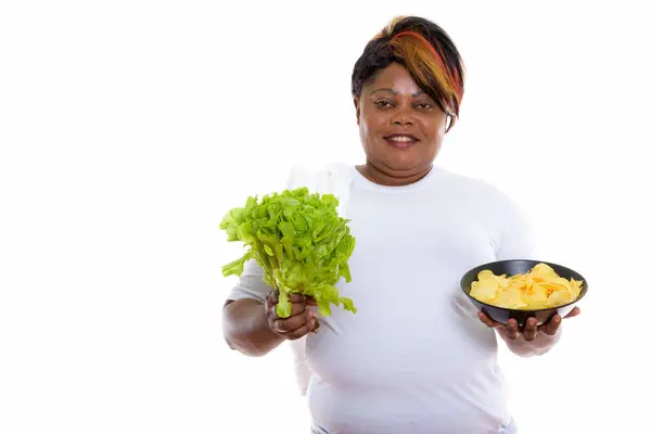 Strzał studio szczęśliwy tłuszczu czarny afrykańskie kobiety uśmiechnięty holdi — Zdjęcie stockowe