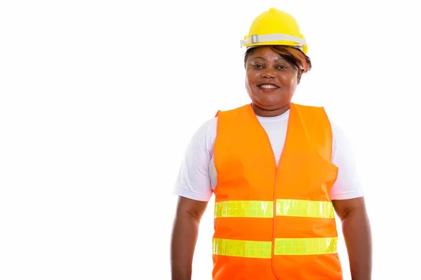 Strzał studio szczęśliwy Gruba kobieta Afrykański czarny robotnik budowlany — Zdjęcie stockowe