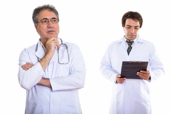 Studio shot of senior Persian man doctor thinking with young Per Royalty Free Stock Photos