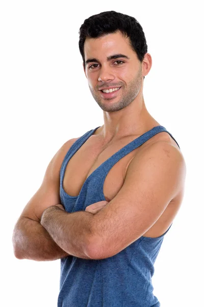 Estúdio Tiro Jovem Feliz Bonito Hispânico Homem Sorrindo Com Braços — Fotografia de Stock